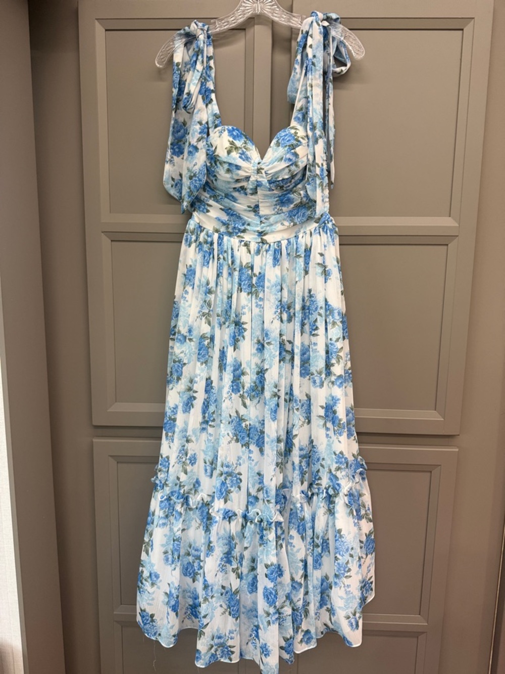 Blue Floral Tie-Shoulder Midi Dress - White & Blue